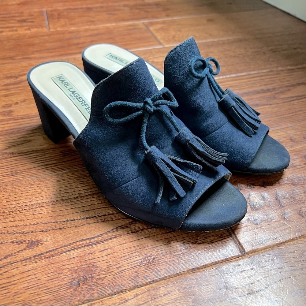 Karl Lagerfeld | Blue Suede Open Toe Mules with Tassels | Size 7